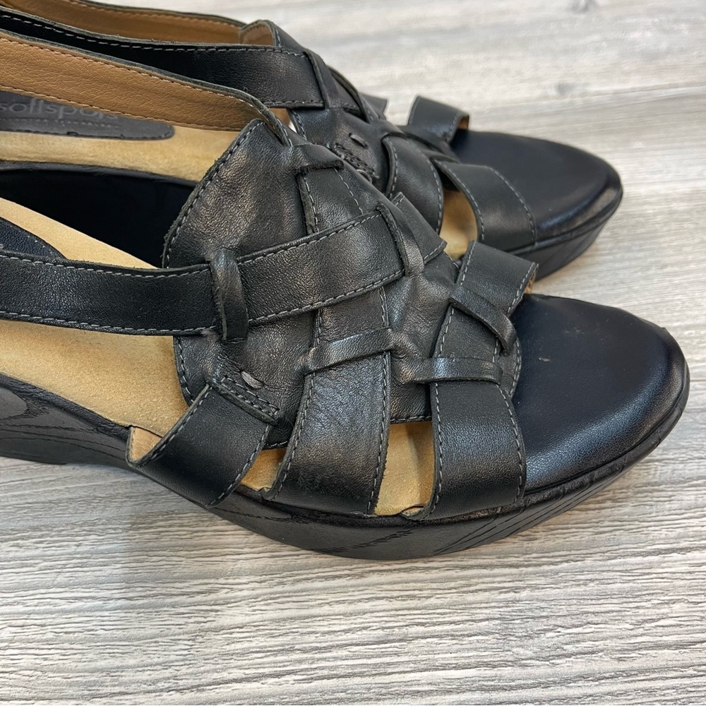 Black Leather Wedge Sandals Pillowtop Comfort Strappy Buckle 9.5W - Picture 3 of 10